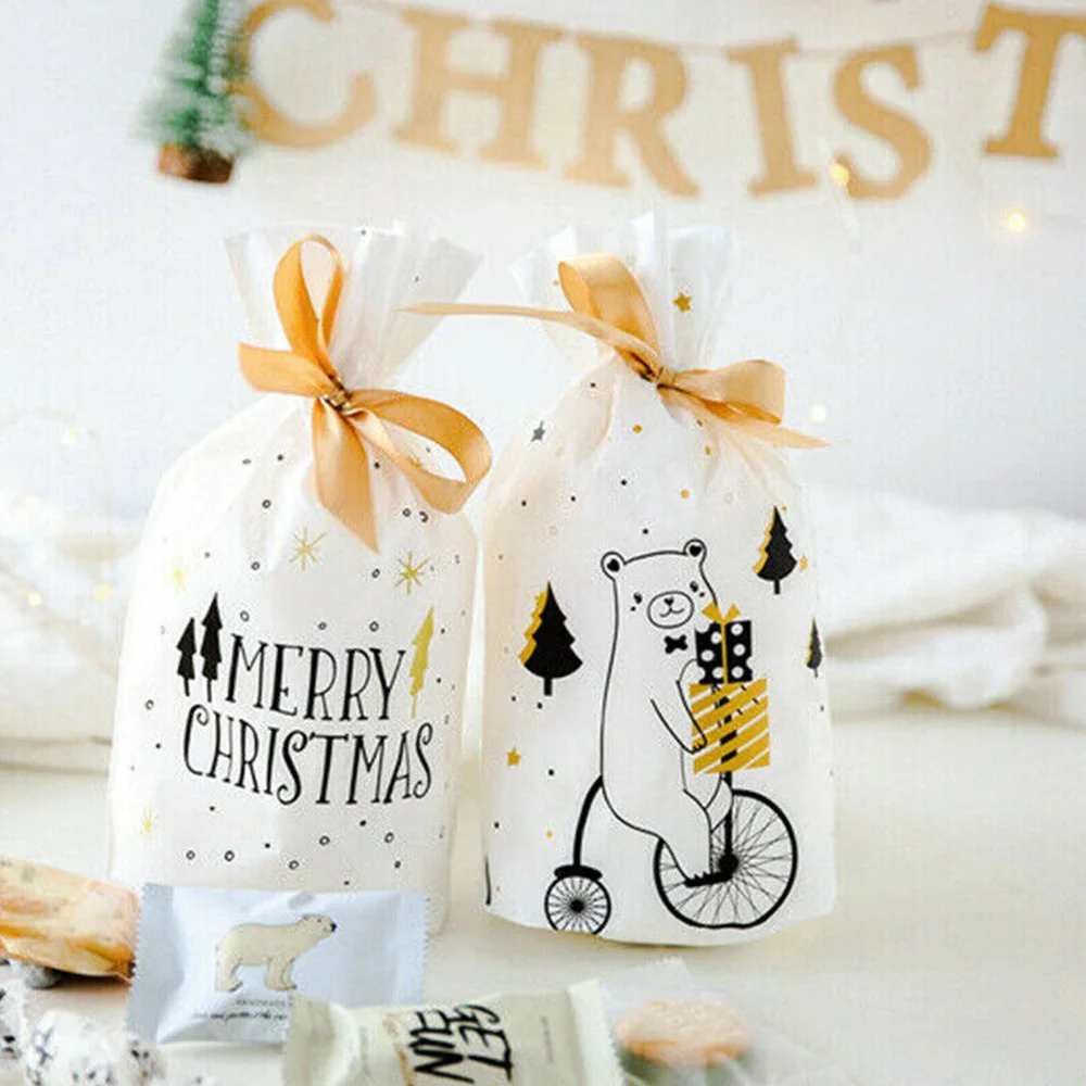 

20pcs Christmas Drawstring Gift Bags Wrapping Bag Xmas Treats Sacks Xmas Party Favor Treat Candy Bags With Ribbon Ties Drawstrin