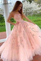 2022 pink spaghetti straps tulle lace prom dresses for women appliques princess sweep train elegant evening vestidos de gala