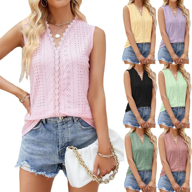 

European and American women's new fashion hole hollowed-out V-neck sleeveless stitching vest ladiesT-shirt graphic t shirts