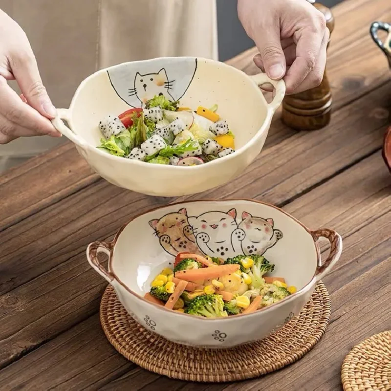

Japanese Noodle Bowl Household Ceramic Soup Bowl with Handle Salad Pasta Bowl Kitchen Tableware Microwave Oven Bakware 7.5inch