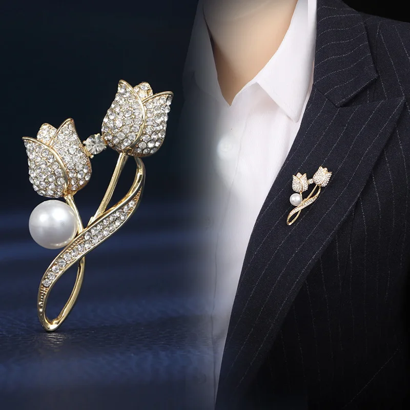 

Trendy Shiny Rhinestone Tulip Flower Brooches For Women Men Clothes Suit Lapel Pins Pearl Brooch Sets Luxury Jewelry Accessories