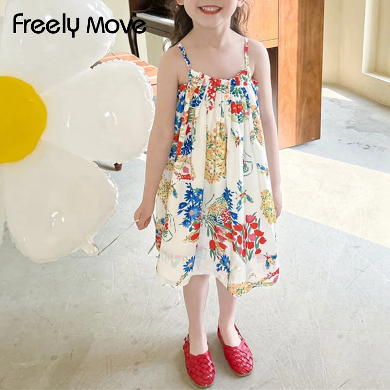 

Freely Move Dress for Girls Sleeveless Knee Length Print Floral Slip dresses Korean Children Clothes Girl Girls Dress Summer