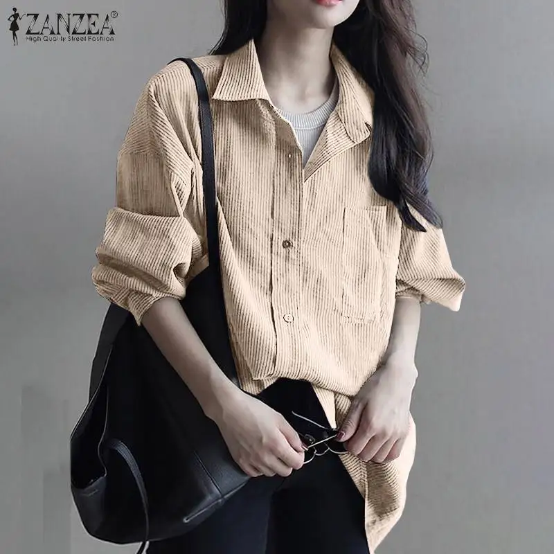 

ZANZEA Elegant Long Sleeve Lapel Neck Solid Shirt Women Vintage Corduroy Blouse Spring Button Holiday Loose Chemise Femme Blusas
