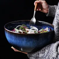 2400ml Ceramic Large Soup Bowl Dark Blue Porcelain Fruit Salad Bowls Home Restaurant Tableware Big Capacity Kitchen Dinnerware