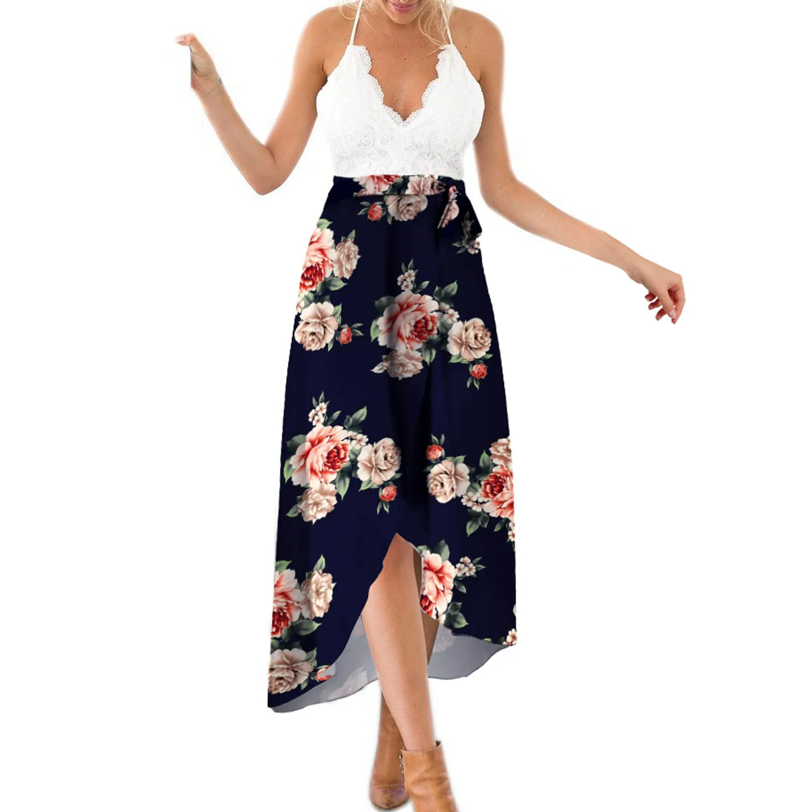 

Женское платье с цветочным принтом, кружевное асимметричное платье миди с открытой спиной и глубоким V-образным вырезом, с лямкой на шее, пля...