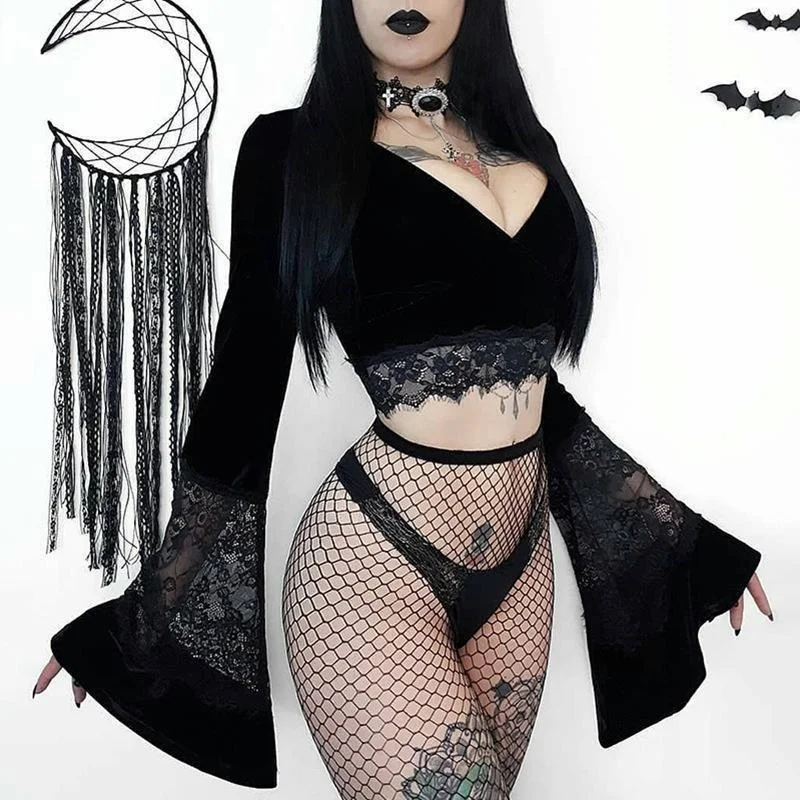 

Velvet Dark Gothic Lace Insert Crop Tops Flare Sleeve Deep V Cyberpunk T-shirt Tops for Women Dropshipping