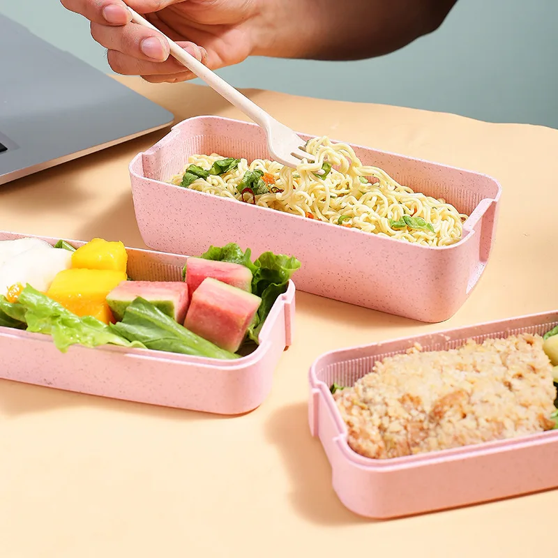 

Portable Wheat Straw Office Three-Tier Lunch Box, Square Sealed Compartmented Student Bento