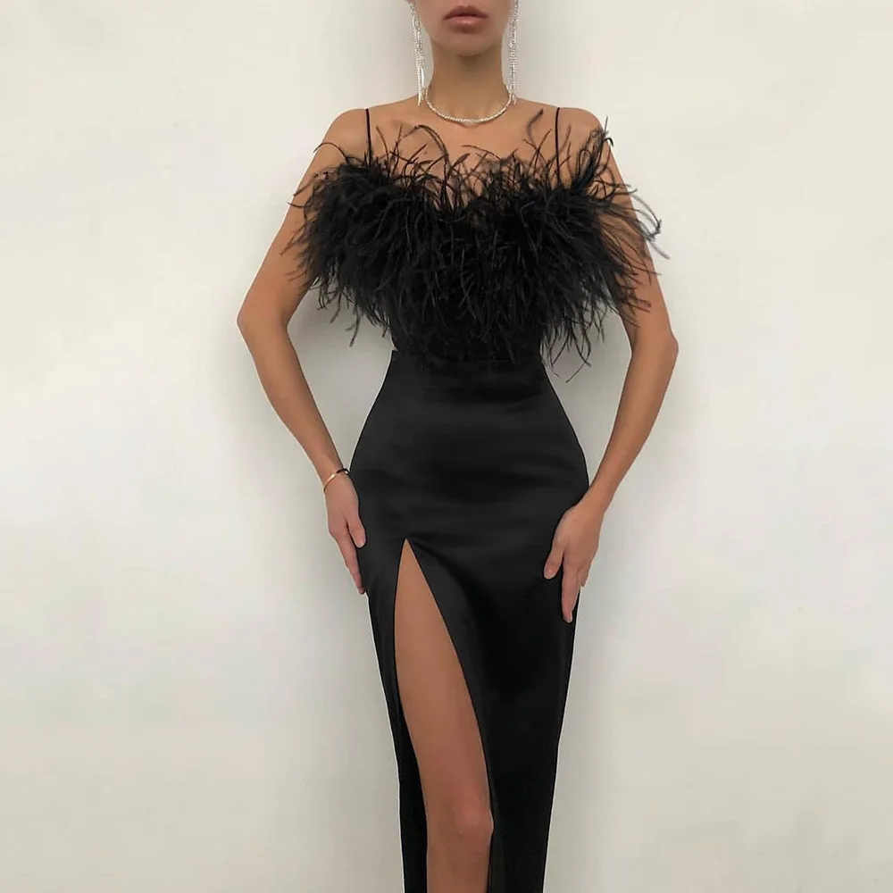 Sexy Women Party Dress 2023 New Feather Bateau Off-Shoulder Sleeveless High Split Slim Bodycon Cocktail Club Formal Dresses