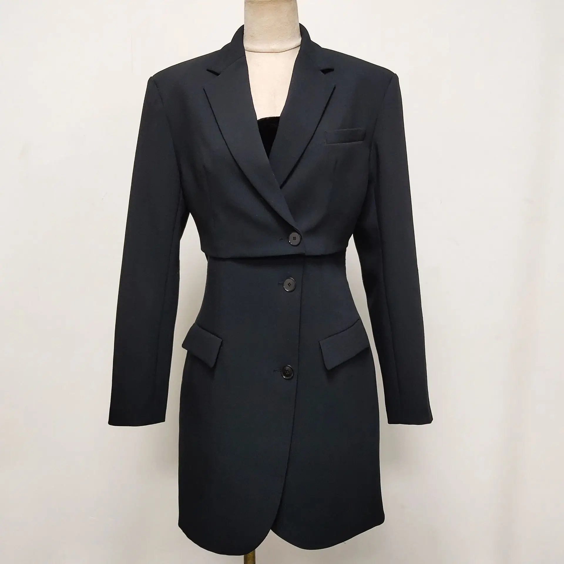 

2022 spring short skirt solid color suit collar black high waist business temperament commuter dress