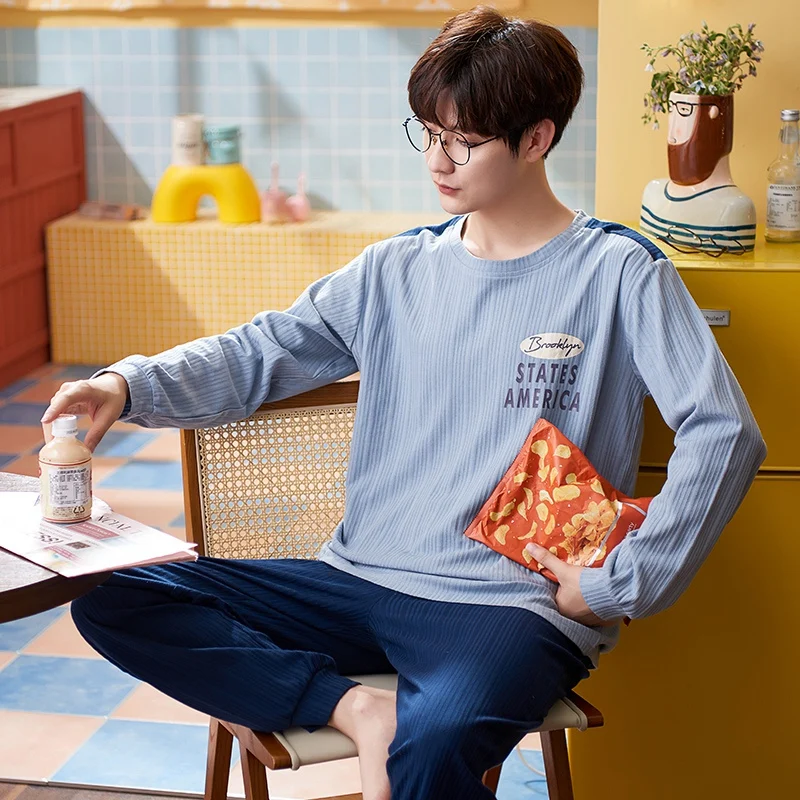 

2022 Autumn High Quality Long Sleeve Cotton Pajama Sets for Men Korean Loose Sleepwear Pyjamas Male Lounge Homewear Home Clothes