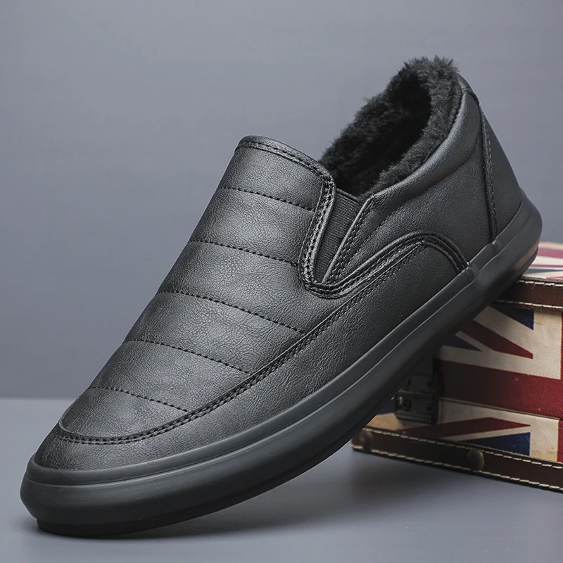 Новые зимние мужские кожаные туфли без шнуровки повседневные на флисовой