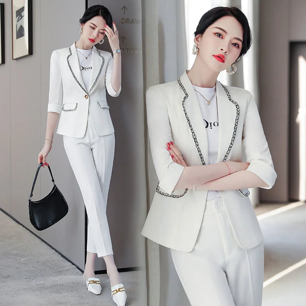

2022 Summer Office Ladies Formal Women Business Suit Jacket Straight Pencil Pants Set Women 2 Piece Elegant White Blazer OutfitS