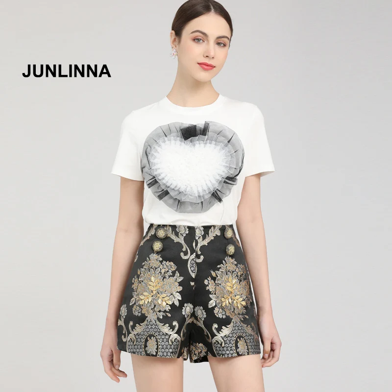 

Женский комплект из 2 предметов JUNLINNA, хлопковая Футболка и жаккардовые шорты с аппликацией и бисером, элегантные летние брюки из 2 предметов