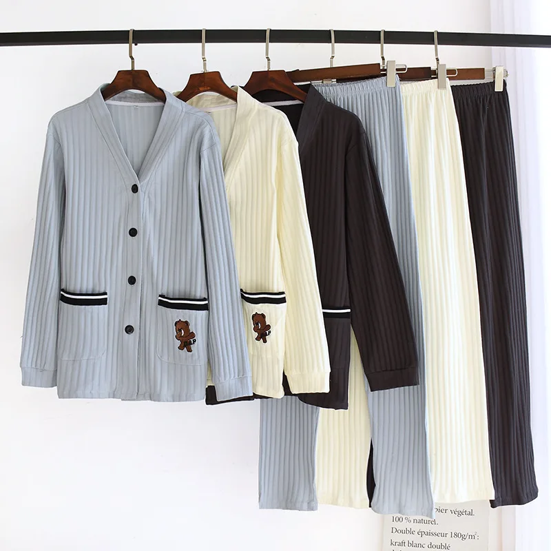 Women Nightwear V-neck Jacquard Knitted Cotton Couple Pajamas Set Four Seasons Thin Casual Elastic  Long-sleeved Men Home Wear