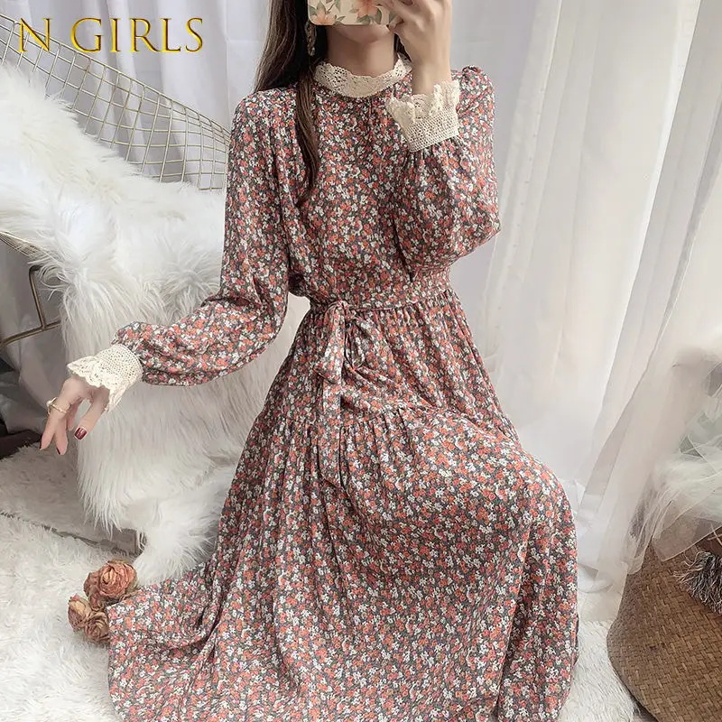 

Платье женское с цветочным кружевом, милый элегантный пикантный наряд в стиле бойфренд с круглым вырезом, на весну-осень