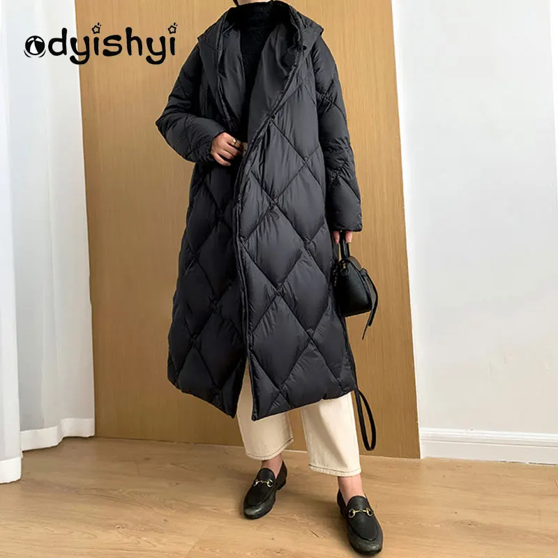 

Fashion Diamond Lattice Long Puffer Jacket 2022 Winter Women 90% White Duck Down Coat Hooded Parka Loose Warm Overcoat Female