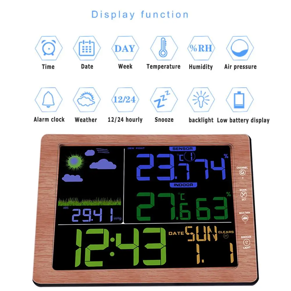 

Wireless Weather Station Clock Color LCD Screen Creative Weather Forecast Clocks Outside Sensor Backlight for Indoor Outdoor
