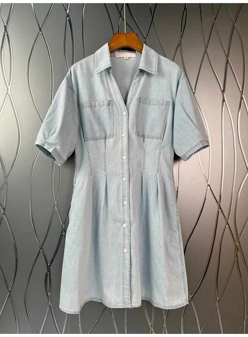 High Quality Denim Dress 2022 Summer Style Ladies Turn-down Collar Chest Pocket Deco Short Sleeve Casual Grey Jeans Dress