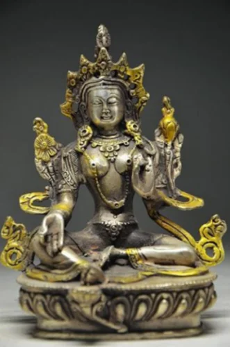 

Tibet Buddhism Silver copper Gilt Green Tara Kwan-Yin Bodhisattva Buddha statue