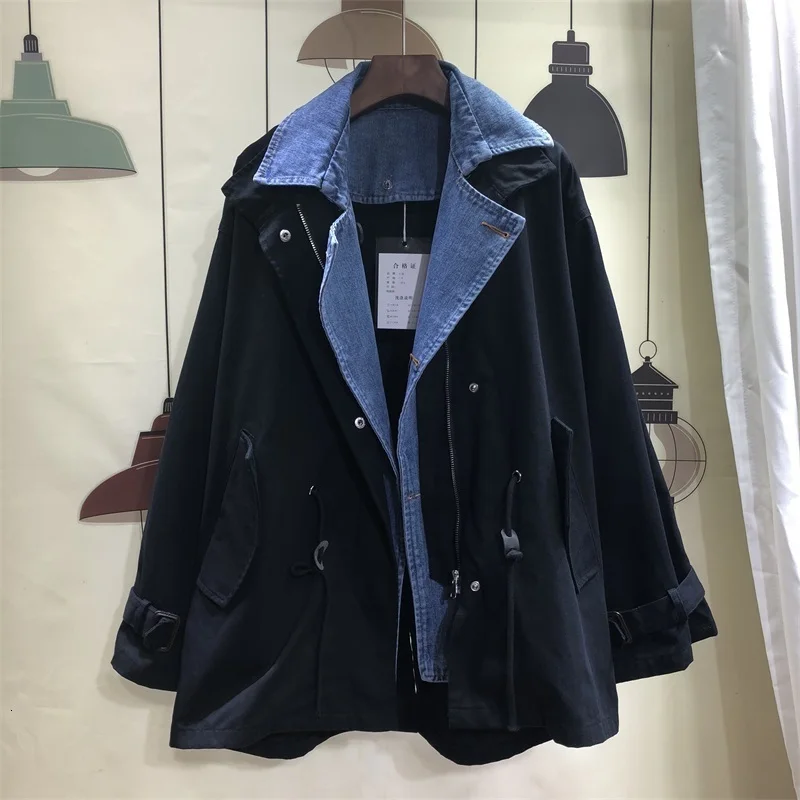 2023 Fleece Folded Jacket Women Autumn Fashion Casual Stand Collar Long Sleeve Denim Stitching Straight Jacket