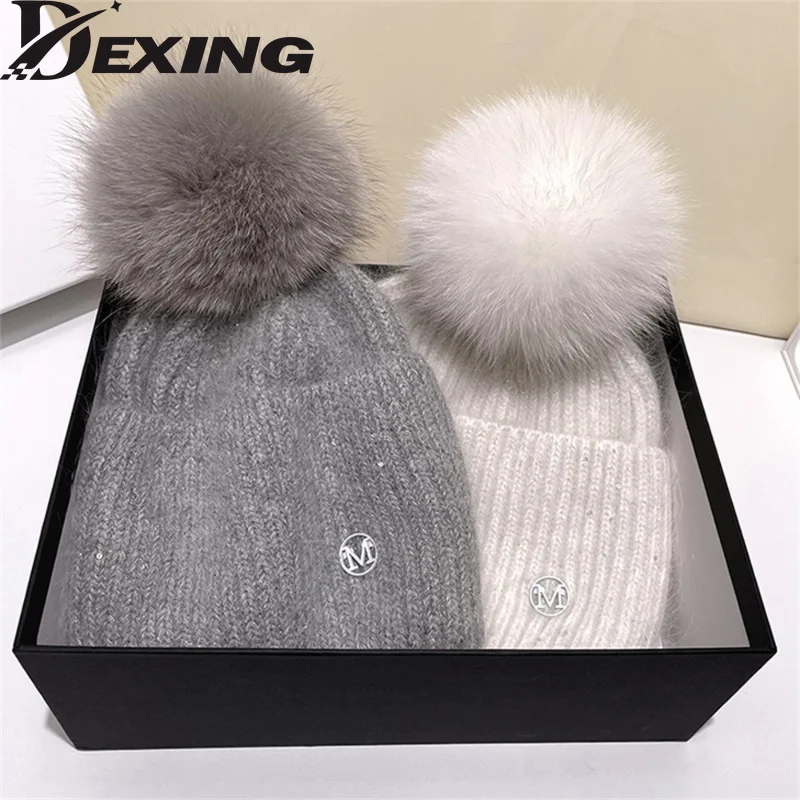 Real Fox Fur Beanie With Pom Pom  Warm Winter Hat for Women Girls Natural   Pompom Hat Outdoor SKI  Knitted Thick  Cap