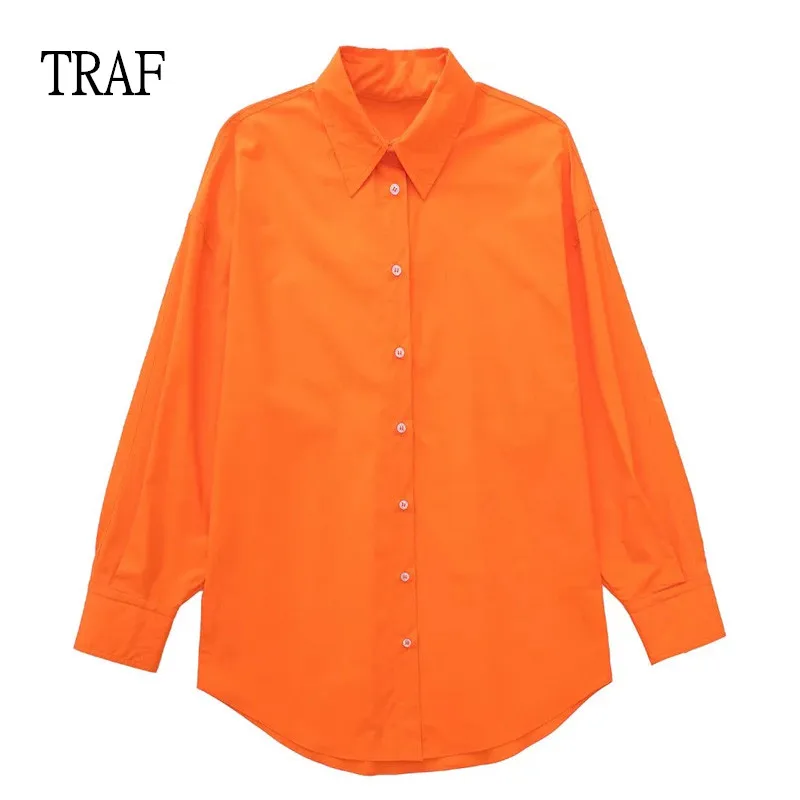 

TRAF Women Tops And Blouses 2022 Fashion Button Casual Shirt Lady Lapel Long Sleeve Irregular Hem Chic Top Loose Summer Blouse
