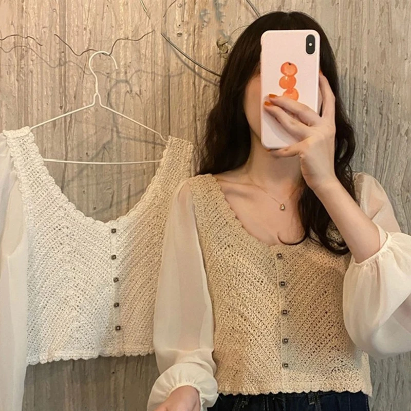 

Women Chiffon Puff Long Sleeve Crop Cardigan Round Neck Button Crochet Blouse
