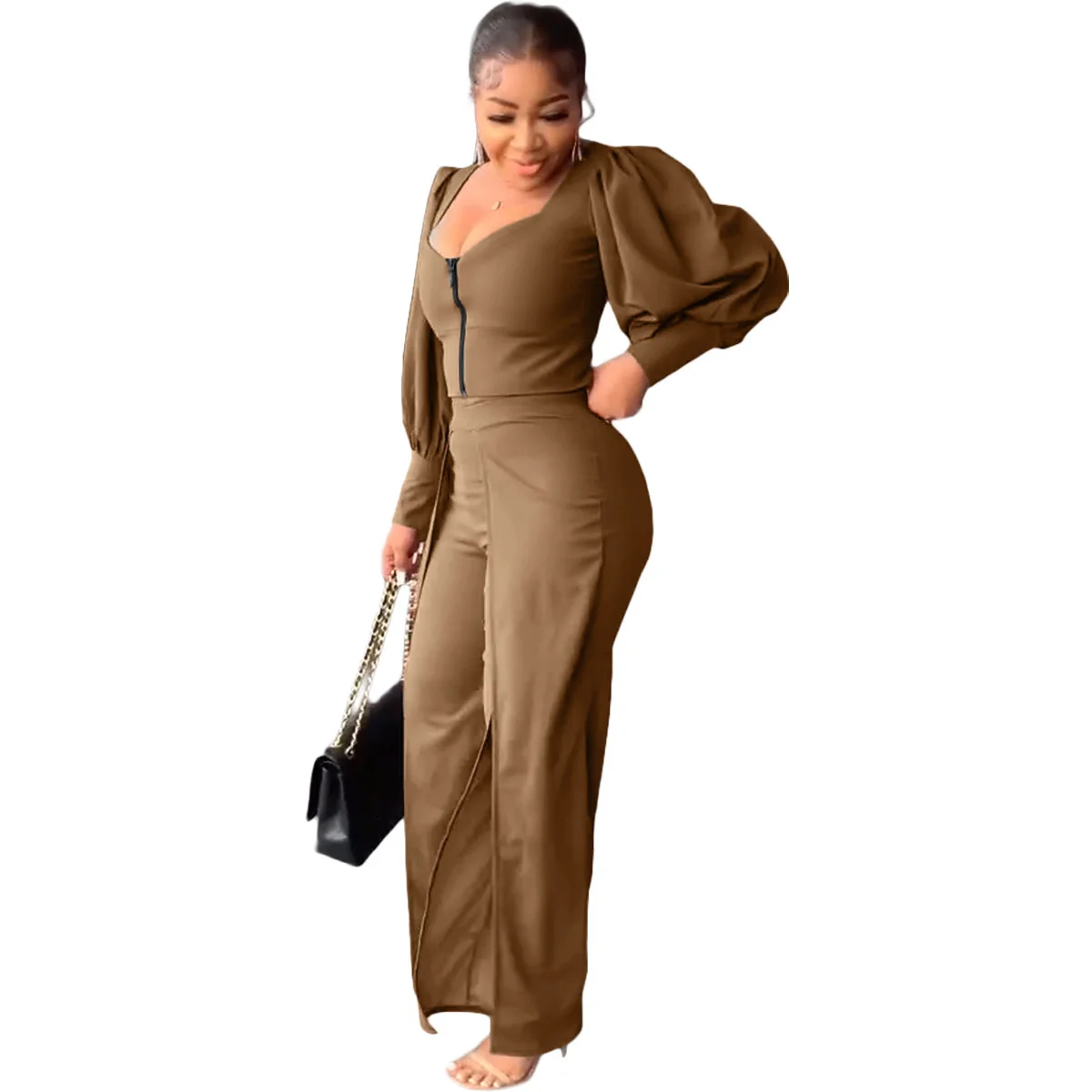 

Plus Size Women Two-piece Sets Spring Summer Fashion Casual Bubble Sleeve Sexy Lady Blouse Trousers Set Elegant Top Pants Suit