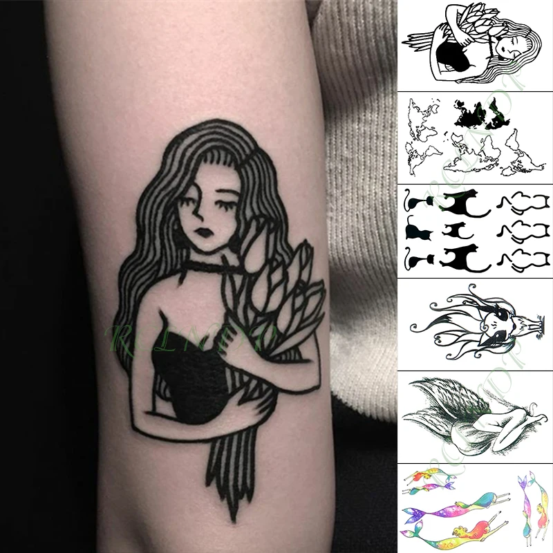 

Waterproof Temporary Tattoo Sticker long hair girl cat flowers mermaid tatto flash tatoo fake tattoos for kidsmen women