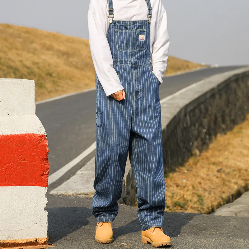 Strap Jeans Overalls Loose Wide-leg Pants Men Korean Straight Baggy Jeans Streetwear Men Full Length Striped Pantalones Hombre