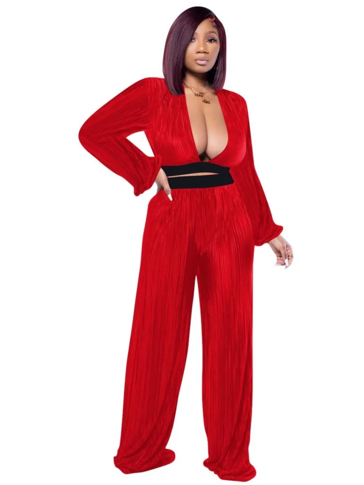 

Women Two Piece Set Deep V Neck Full Sleeve Crop Top Empire Wide Leg Pants Suit 2022 Fashion New Solid Sexy Outfits Matching Set