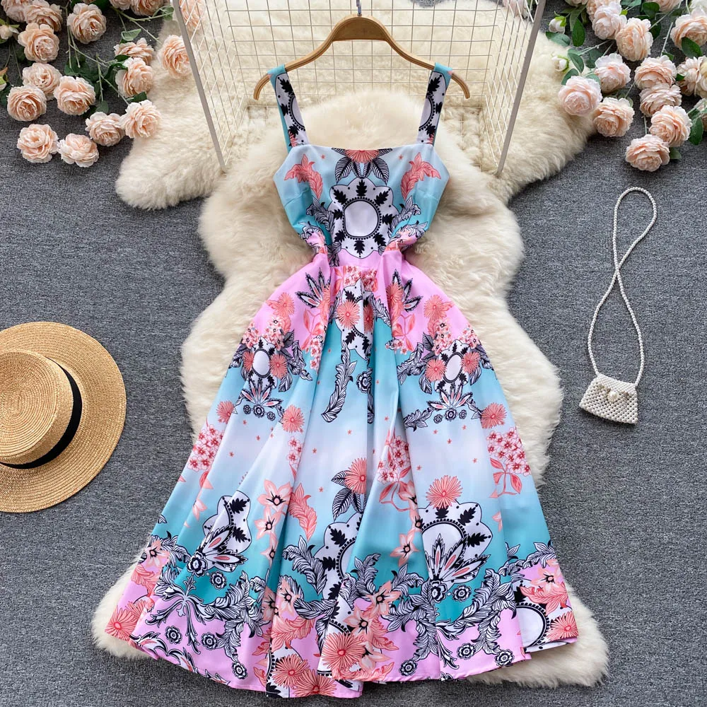 

Gentle Wind Noble Elegant Temperament Lady Mid-length A-line Skirt 2022 Summer New Square Collar Waist Suspender Dress