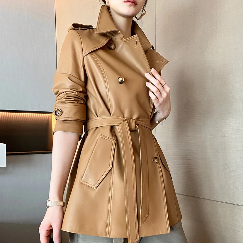 

2023Leather jacket,High Quality Sheepskin Coat New Fashion Elegant Genuine Leather Jacket Women Mid-length Windbreaker Jacket Ch