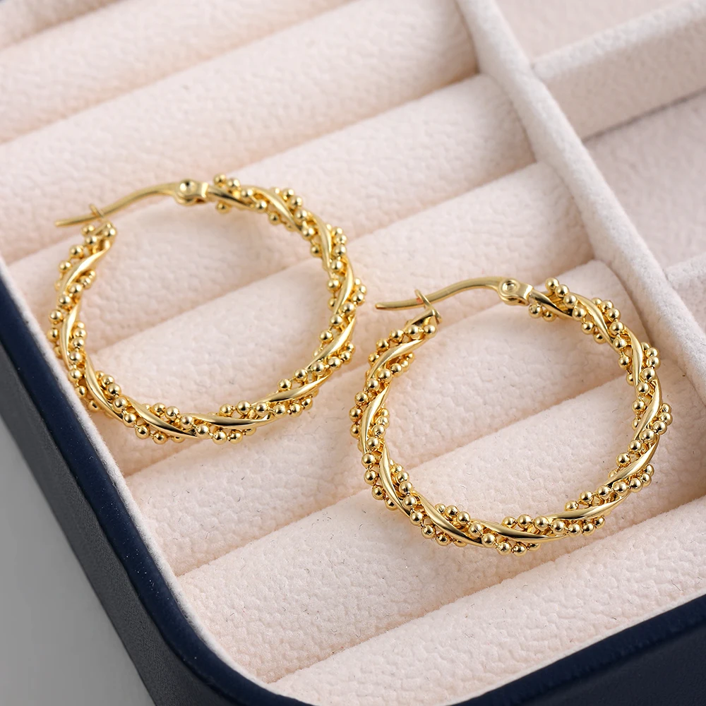 

Vintage Stainless Steel Twist Hoop Earrings Women Gold Plated Beads Classic Big Circle Statement Huggie Ear Jewelry Party Gift