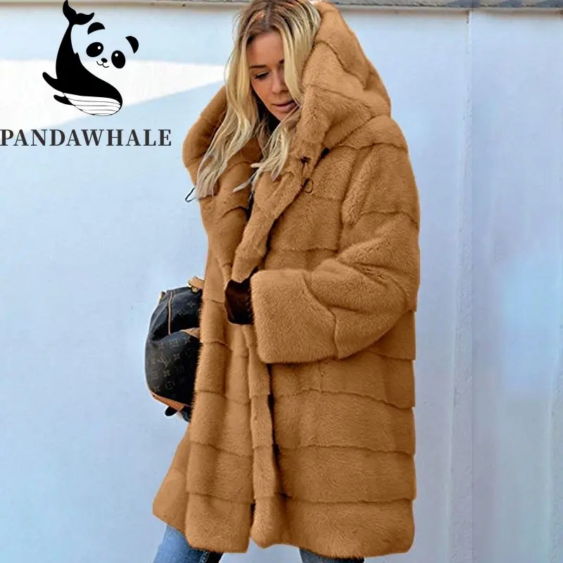 European American Long Faux Fur Coat Solid Loose Plush Hooded Autumn Winter Jacket Women 2022 Warm Streetwear Famale Clothing