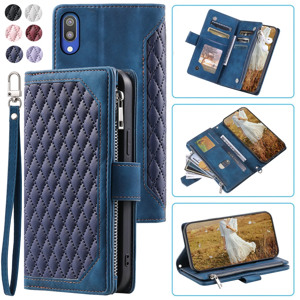 

Fashion Zipper Wallet Case For Samsung Galaxy M10 Flip Cover Multi Card Slots Cover Phone Case Card Slot Folio with Wrist Strap