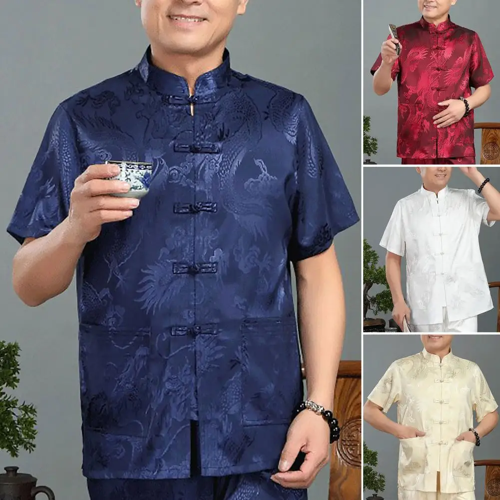 

Traditional Men Shirt Top Dragon Pattern Knot Buckle Short Sleeve Stand Collar Kung Fu Clothes Silk Tang Suit Blouse Jacket Coat