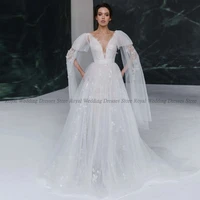fashion a line wedding dresses v neck draped ribbon tulle applique lace open back 2022 summer floor length gowns robe de ma