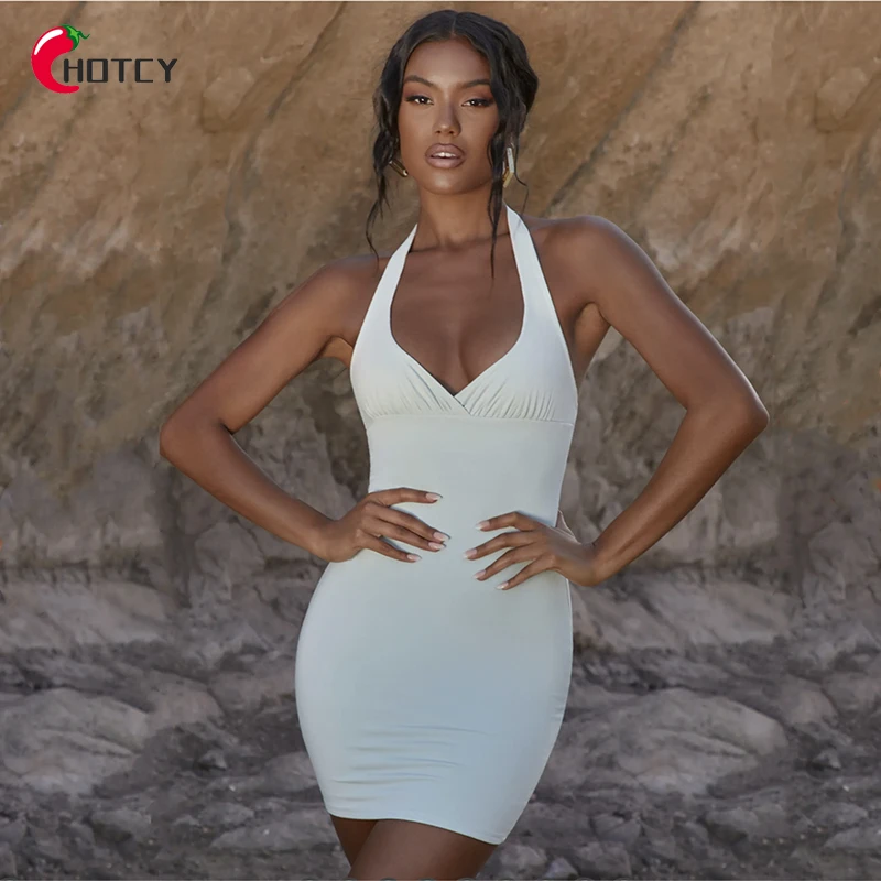 

HOTCY Casual Women's Apparel Summer Fashion Solid Color Sexy Slim V-Neck Halter Short Mini Dress