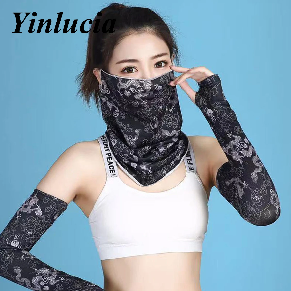 

2pcs Summer Arm Cover Dragon Pattern Thin Cool Ice Silk Sports Sun Protection Arm Sleeves Half Finger Gloves Arm Guard Cuff
