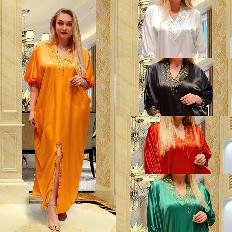 

Elegant Pretty Women's Dresses Arabian Muslim Dresses Rhinestones Batwing Sleeve Long Gowns Abaya Large Size Caual Female Dress