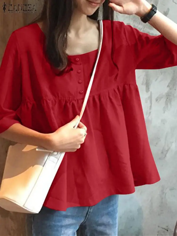 

ZANZEA 3/4 Sleeve Solid Color Tunic Tops Fashion Pleated 2023 Summer Casual Blouses Women Square Neck Versatile Peplum Blusas