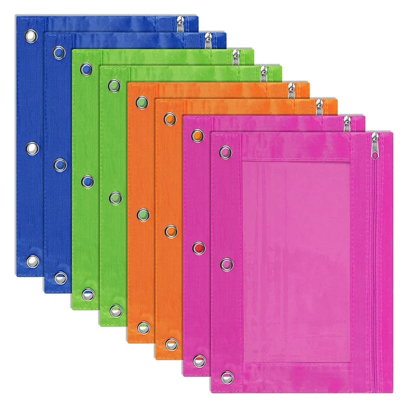NEW-8 Pack 3-Ring Pencil Pouch, Pouch Binder, Multi-Color, Pencil Case, Clear Window, For School Supplies, Office Supplies