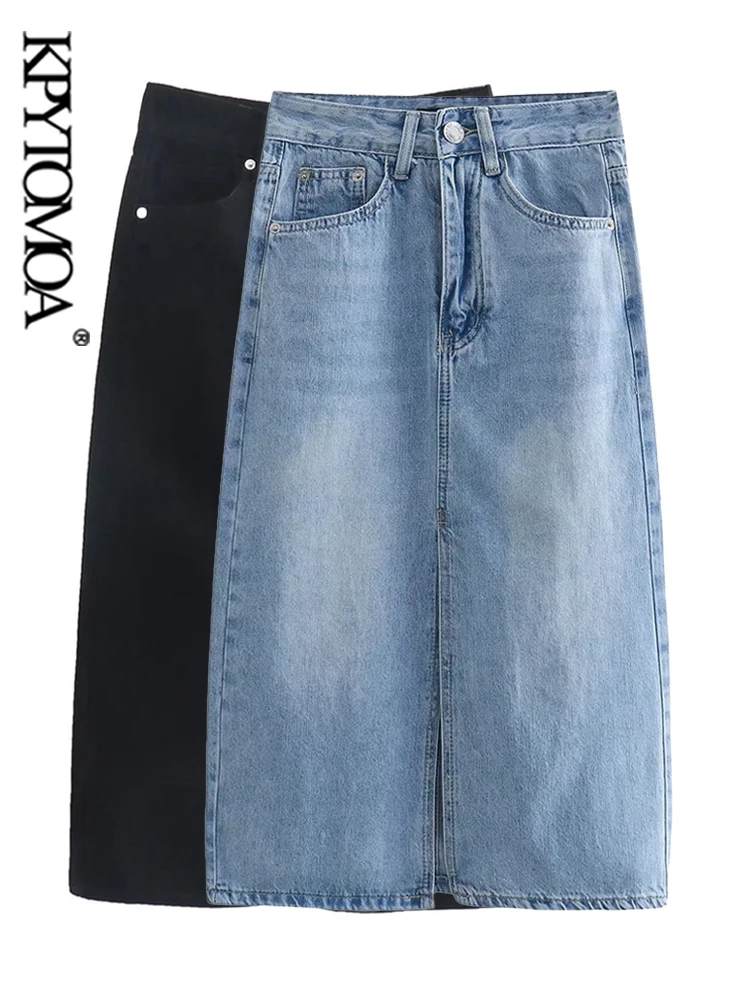 

KPYTOMOA Women Fashion With Five Pockets Front Slit Denim Midi Skirt Vintage High Waist Zipper Fly Female Skirts Mujer