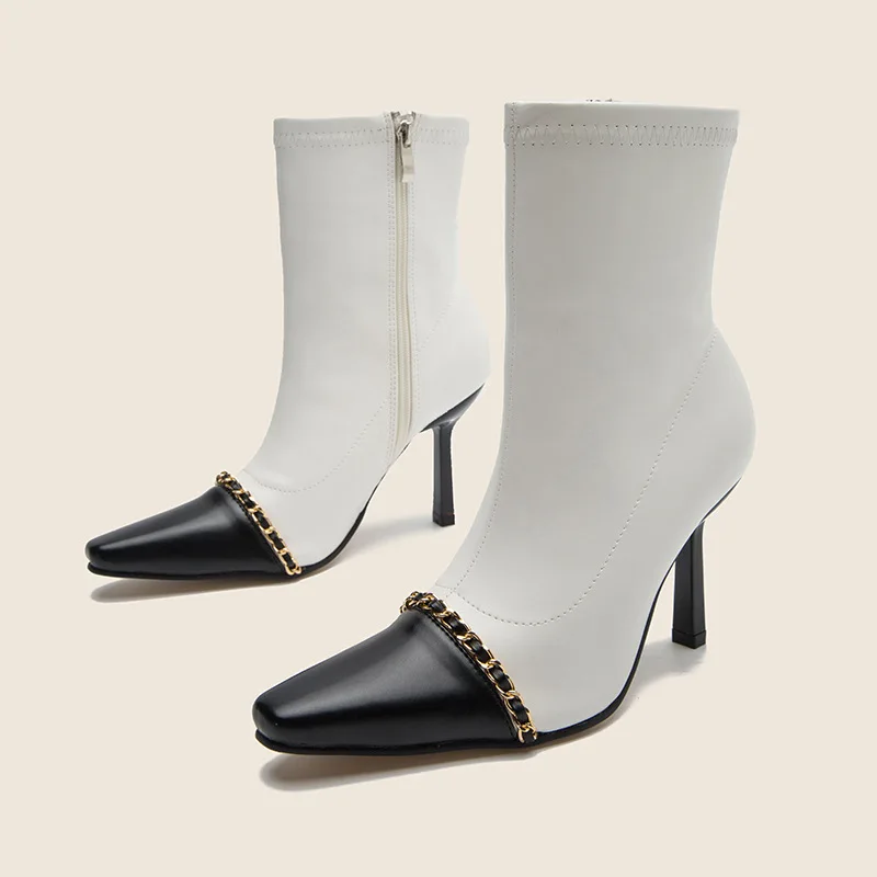 2022 г. модные ботинки до середины икры женские разноцветные на тонком каблуке