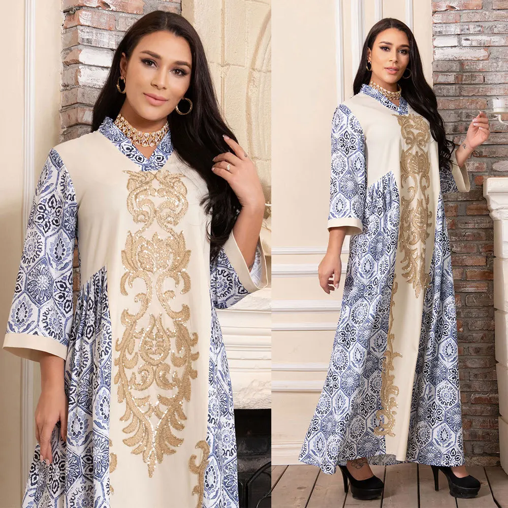 Sequins Imitation Linen Muslim Dress Women Jalabiya Printed Moroccan Caftan Islam Modest Dubai Abaya Saudi Robe Party Ramadan