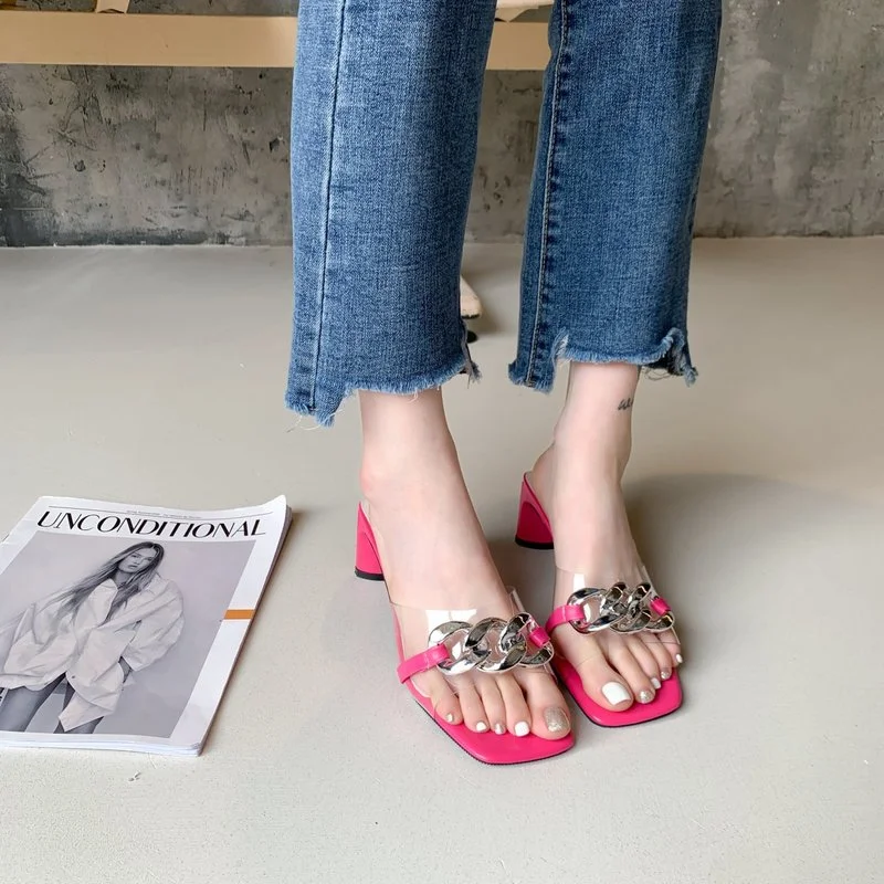 2022 fashion women's sandals summer square high heels golden chain metal decoration open-toed slippers square heel jelly shoes