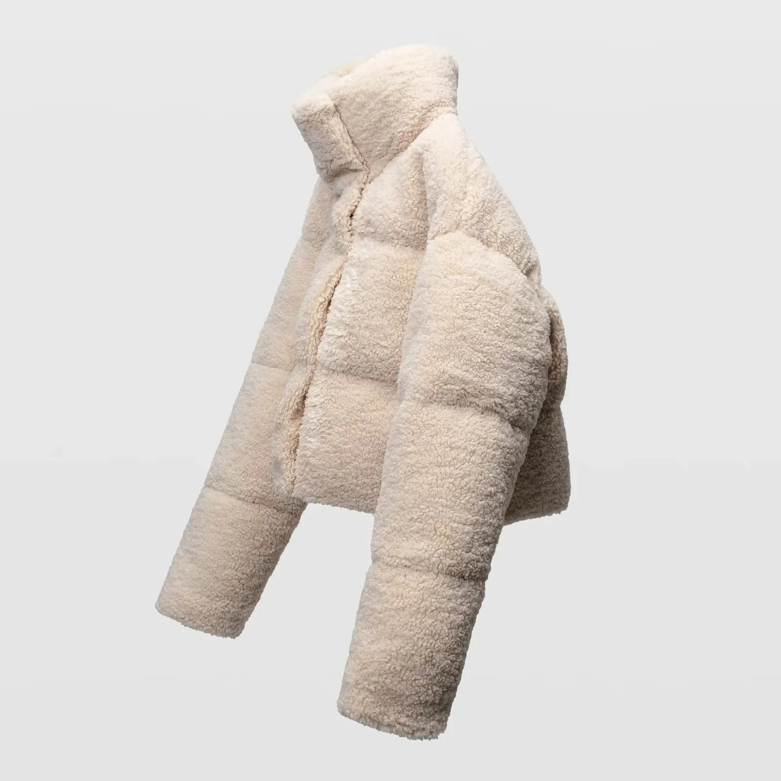 Winter Women's Beige High Collar Long Sleeve Zip Short Cotton Jacket Fashion Warm Street Style