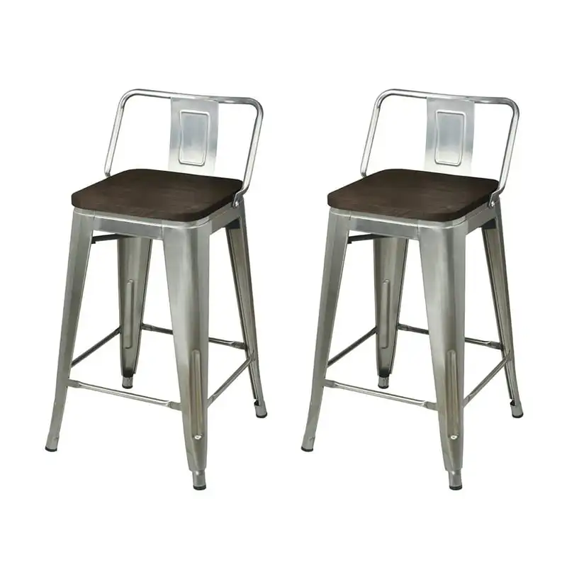 

Group 24 Inch Counter Height Low Back Metal Stools with Dark Wood , Gunmetal, Set of 2