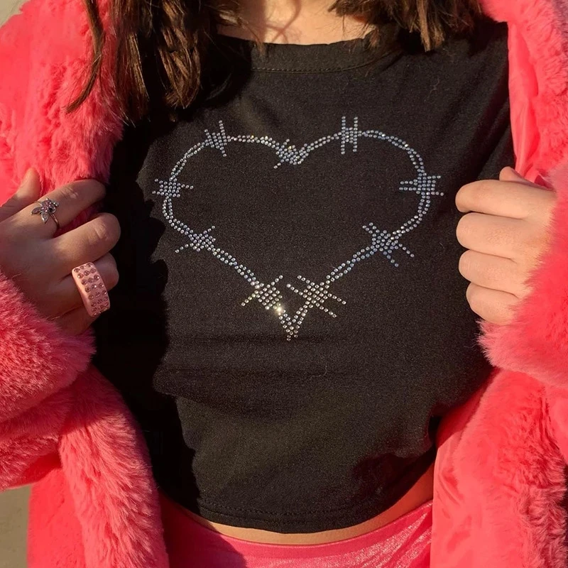 Retro Punk Spider Print T-shirt Black Rhinestone Tops Y2K Goth Mall Short Sleeve Spoon Neck Short T-shirt E-girl Aesthetic